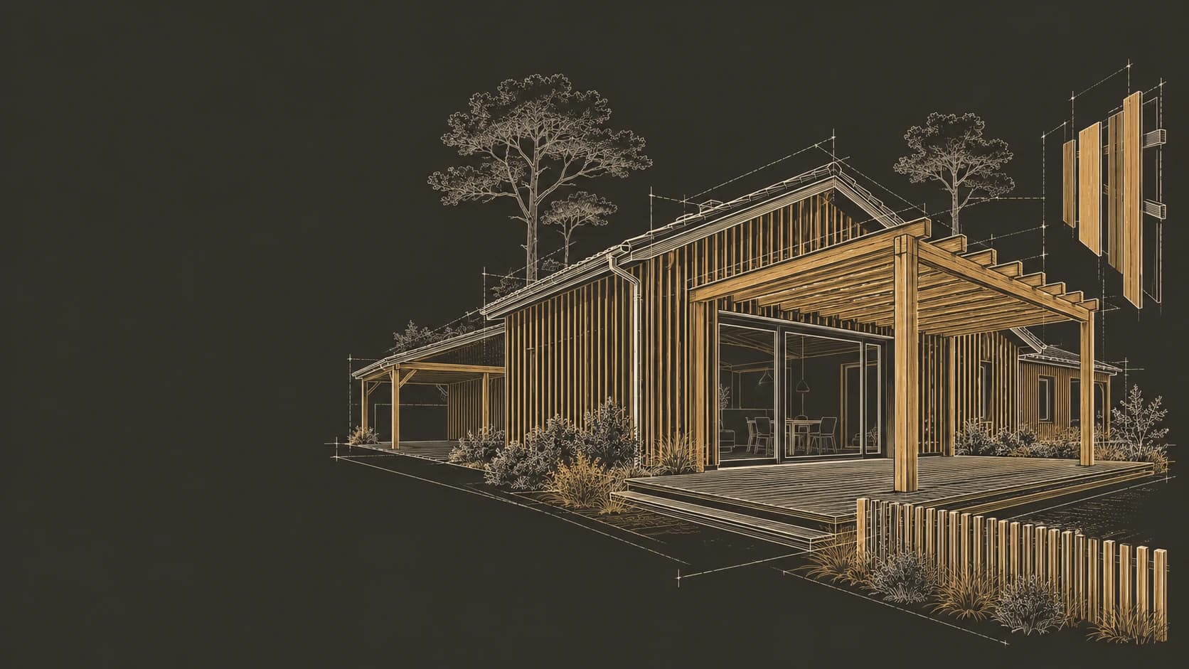 Illustration d'une maison landaise en bardage bois avec pergola, carport et clôture sous les pins