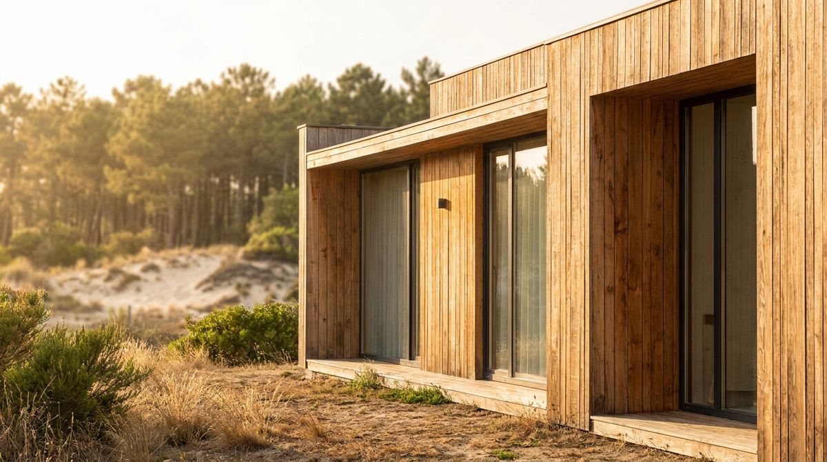 Façade de maison habillée d'un bardage bois vertical, en lisière de pinède landaise